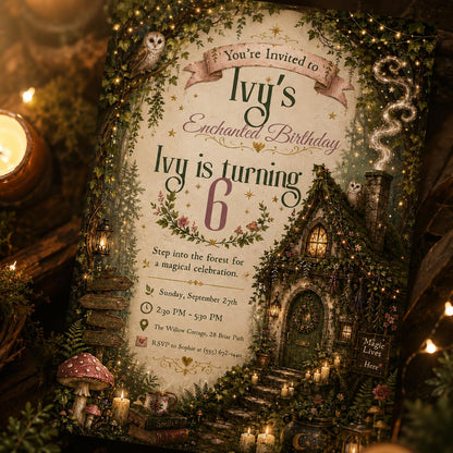 Woodland Ivy Enchanted Forest 6th Birthday Invitation for Girls — invitation you personalize in Canva