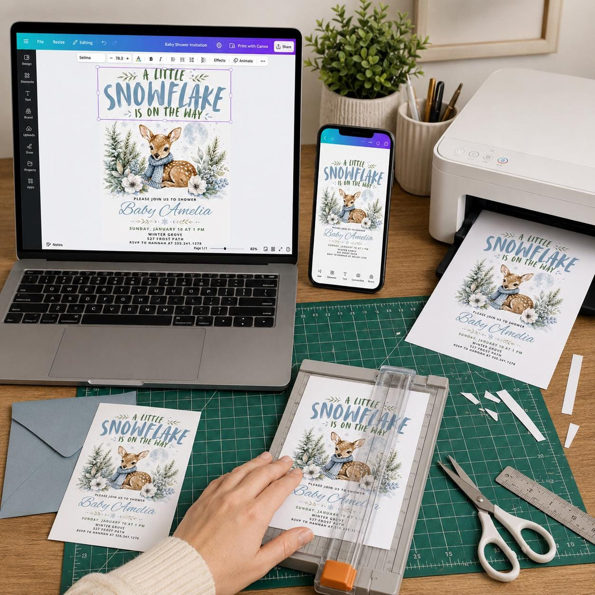 Woodland Little Snowflake Baby Shower Invitation — digital invitation, instant download
