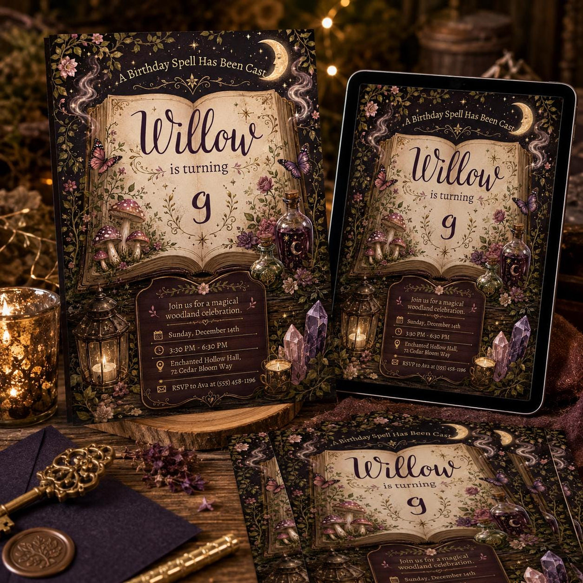 Woodland Magic Spell 9th Birthday Invitation — fairy design