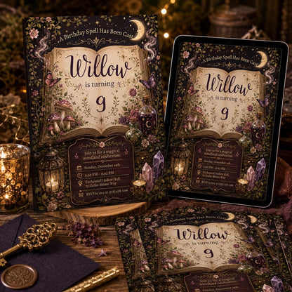 Woodland Magic Spell 9th Birthday Invitation — fairy design