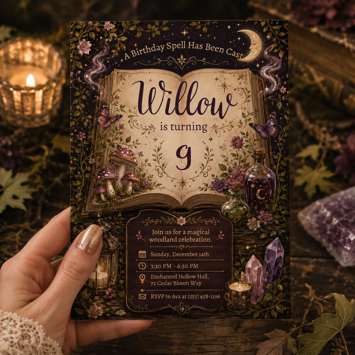 Woodland Magic Spell 9th Birthday Invitation — print-ready 9th birthday party design from VoltBy