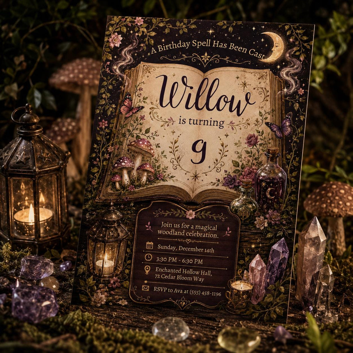 Woodland Magic Spell 9th Birthday Invitation — digital invitation, instant download