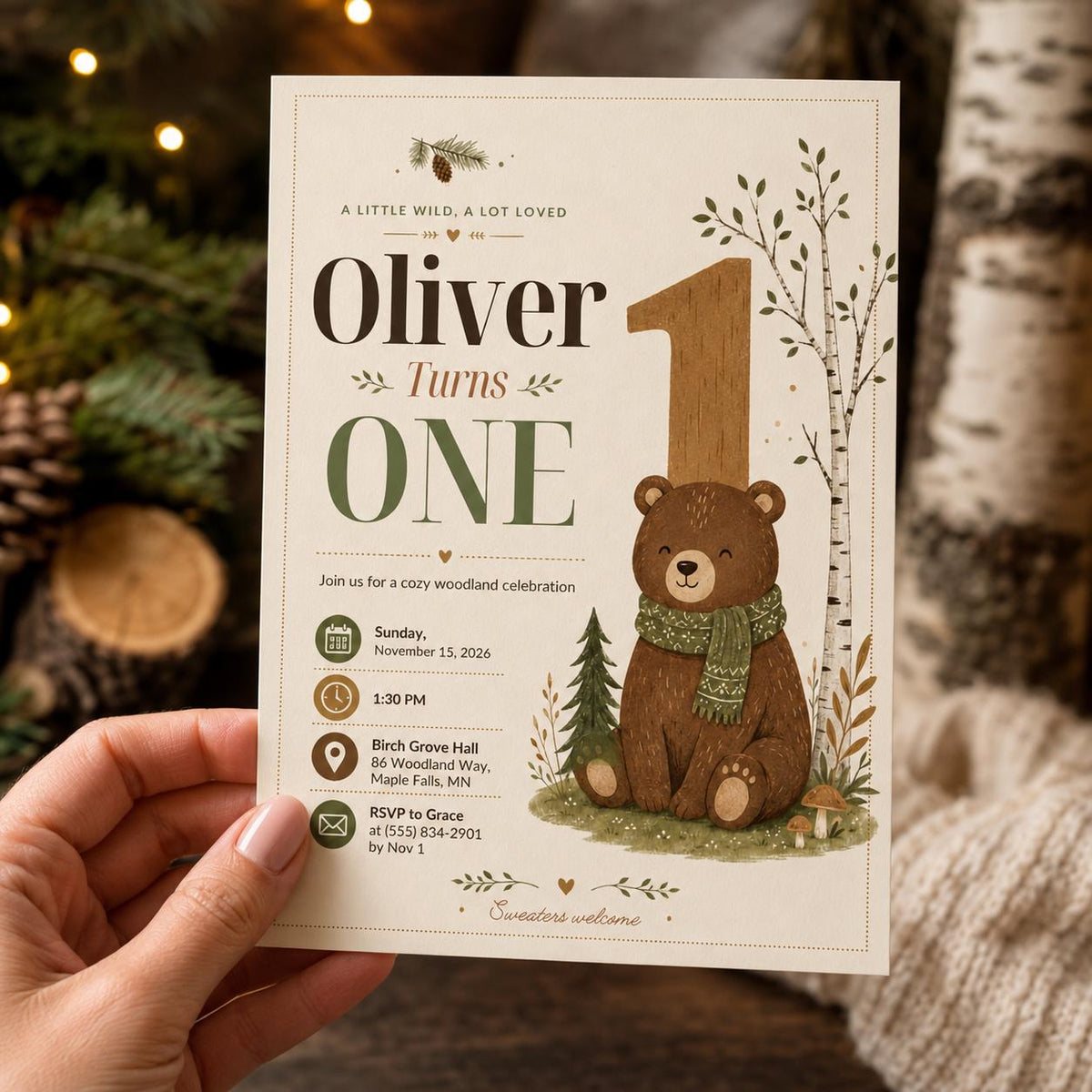 Woodland Teddy Bear First Birthday Invitation for Boys — print-ready first birthday design from VoltBy