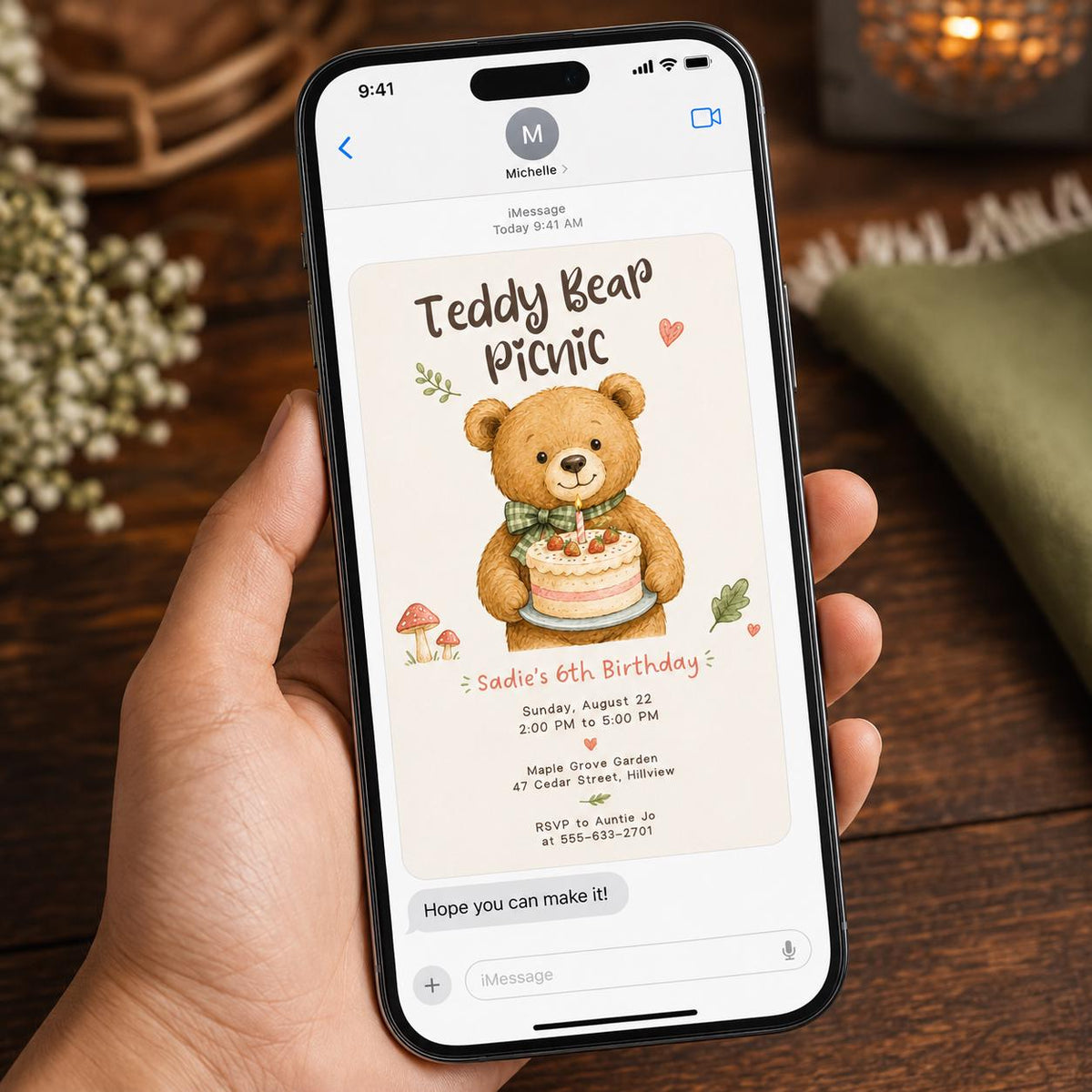 Woodland Teddy Bear Picnic Invitation for Girls — strawberry design