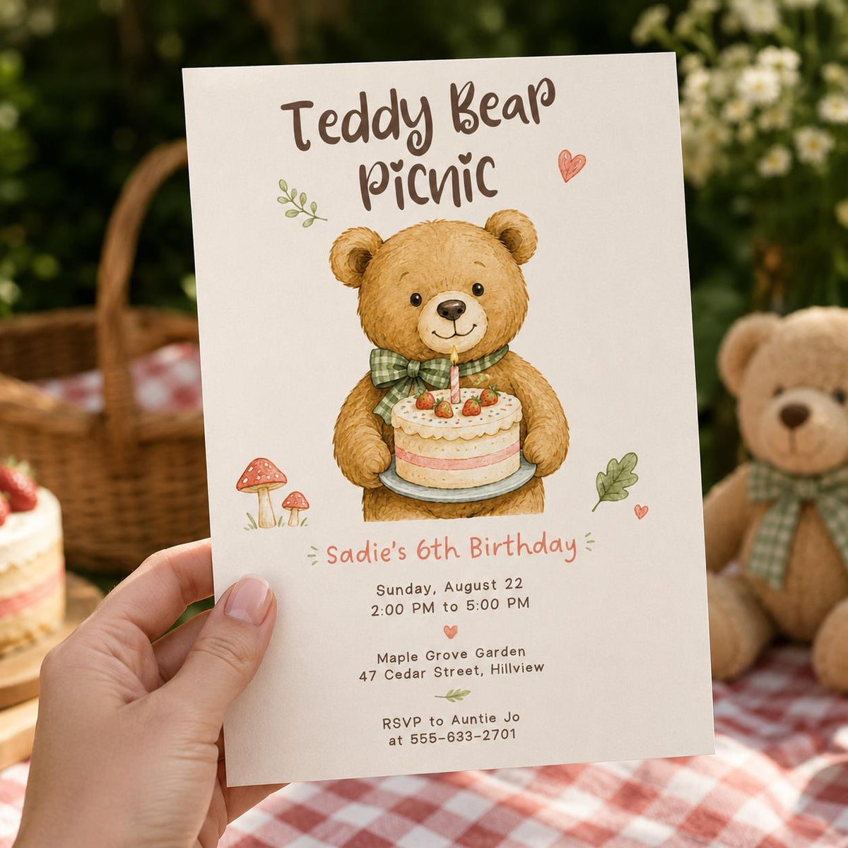 Woodland Teddy Bear Picnic Invitation for Girls — invitation you personalize in Canva