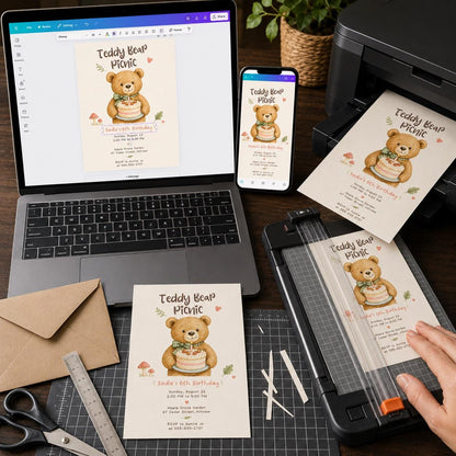 Woodland Teddy Bear Picnic Invitation for Girls — print-ready 6th birthday party design from VoltBy