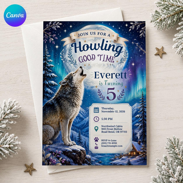 Woodland Wolf 5th Birthday Invitation