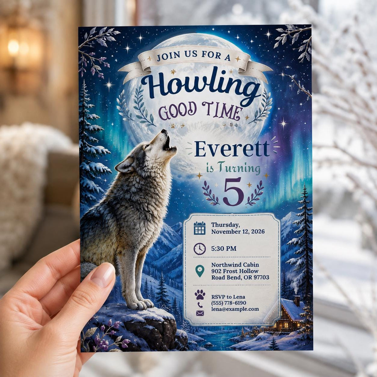 Woodland Wolf 5th Birthday Invitation — invitation you personalize in Canva