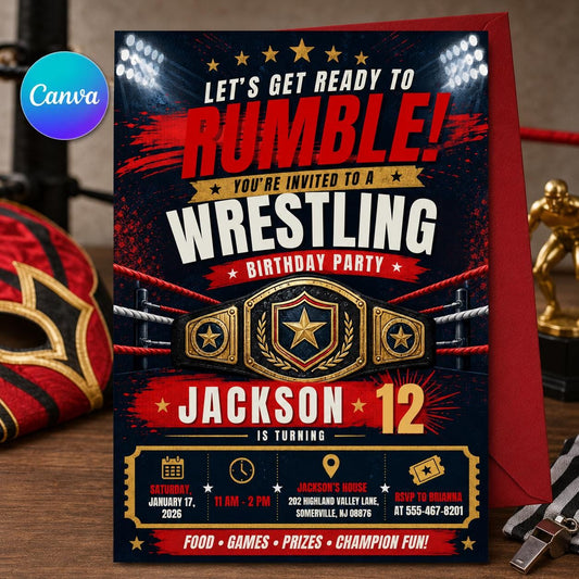 Wrestling 12th Birthday Invitation for Boys — editable Canva template