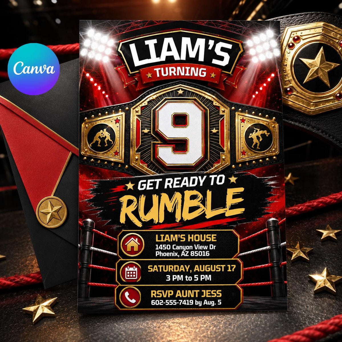 Wrestling Birthday Invitation — editable Canva template