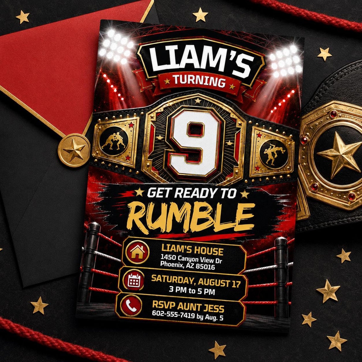 Wrestling Birthday Invitation — print-ready birthday party design from VoltBy
