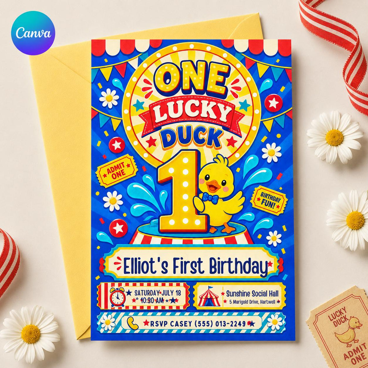 Yellow One Lucky Duck Birthday Invitation — editable Canva template