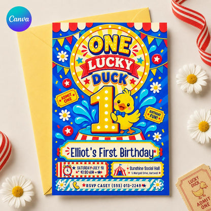 Yellow One Lucky Duck Birthday Invitation — editable Canva template