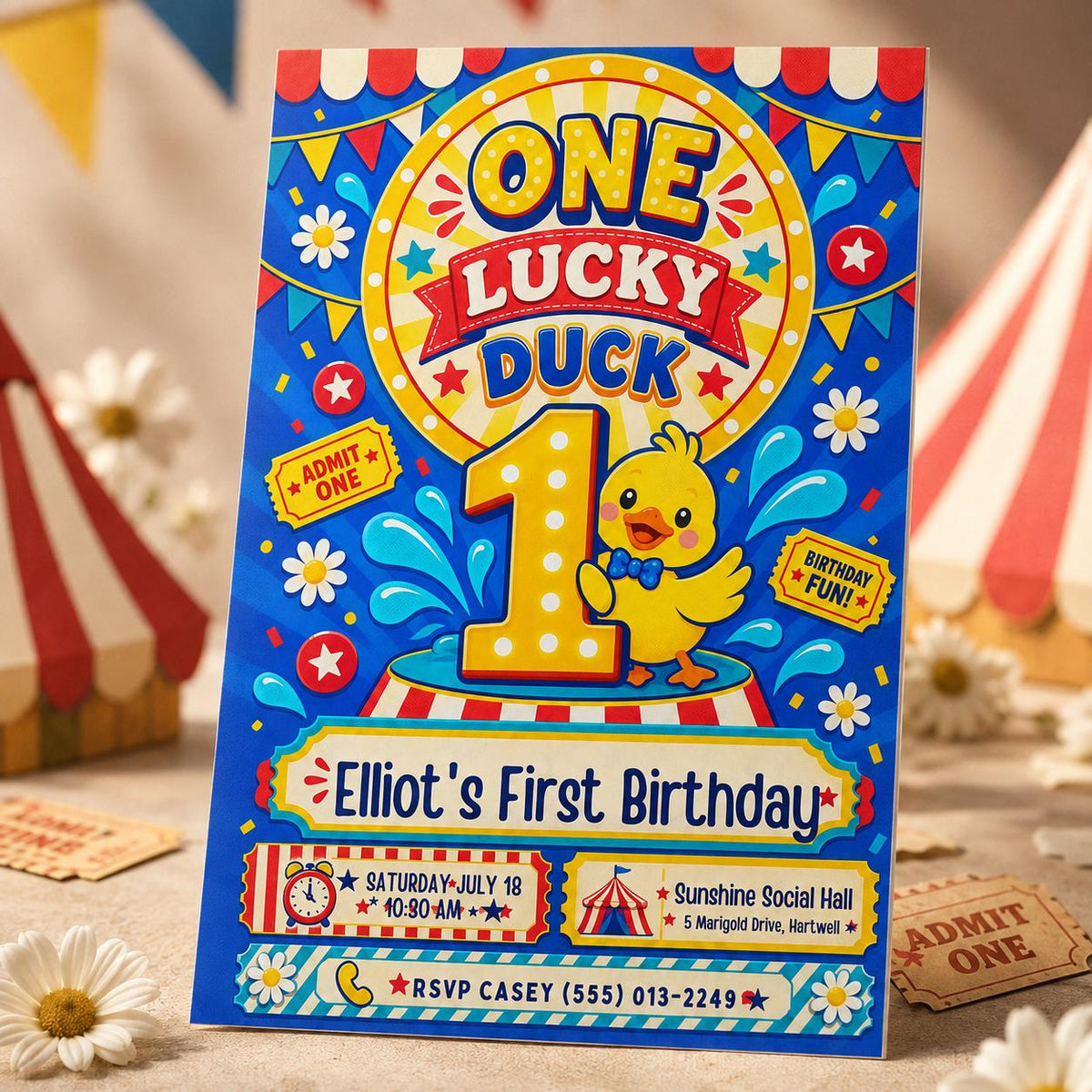 Yellow One Lucky Duck Birthday Invitation — invitation you personalize in Canva