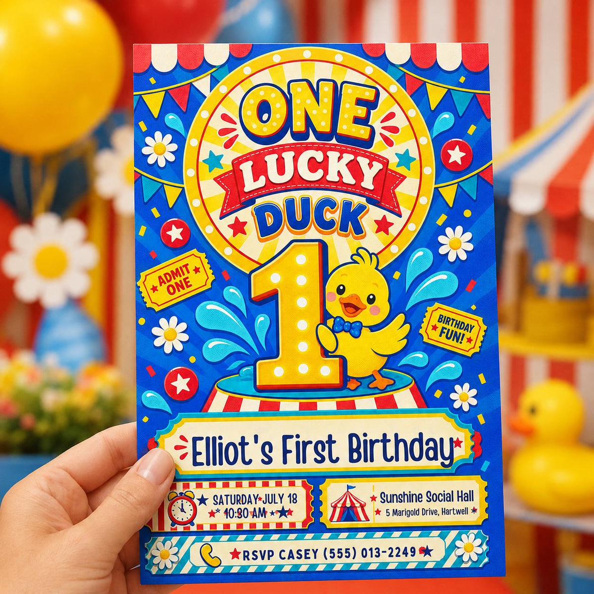 Yellow One Lucky Duck Birthday Invitation — digital invitation, instant download