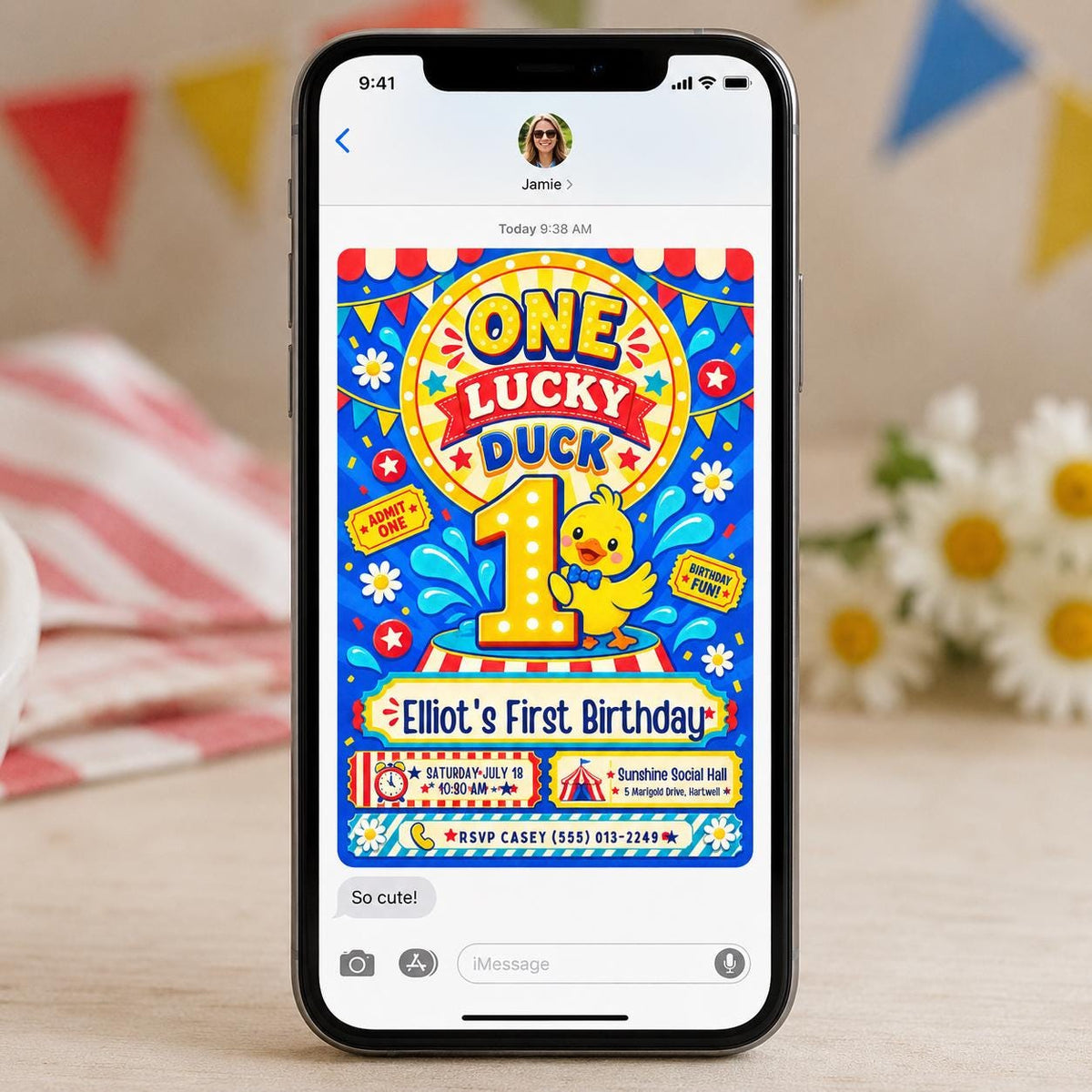 Yellow One Lucky Duck Birthday Invitation — first birthday stationery by VoltBy