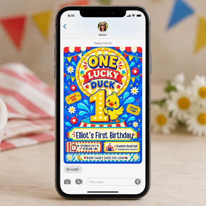Yellow One Lucky Duck Birthday Invitation — first birthday stationery by VoltBy
