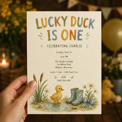 Yellow Watercolor One Lucky Duck First Birthday Invitation for Boys — print-ready first birthday design from VoltBy