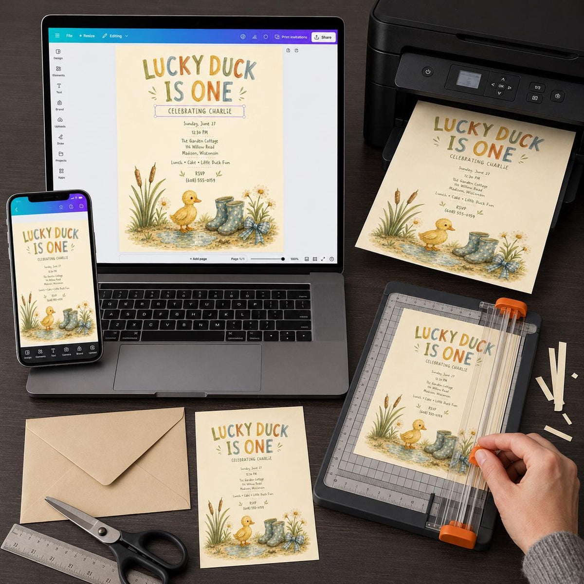 Yellow Watercolor One Lucky Duck First Birthday Invitation for Boys — digital invitation, instant download