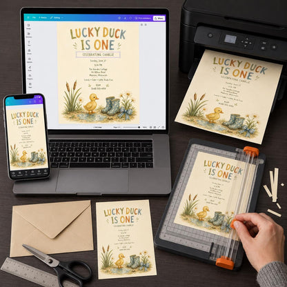 Yellow Watercolor One Lucky Duck First Birthday Invitation for Boys — digital invitation, instant download