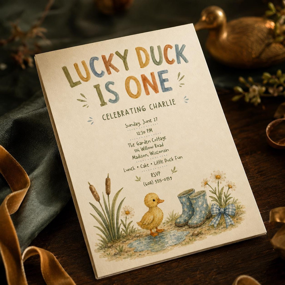 Yellow Watercolor One Lucky Duck First Birthday Invitation for Boys — first birthday stationery by VoltBy