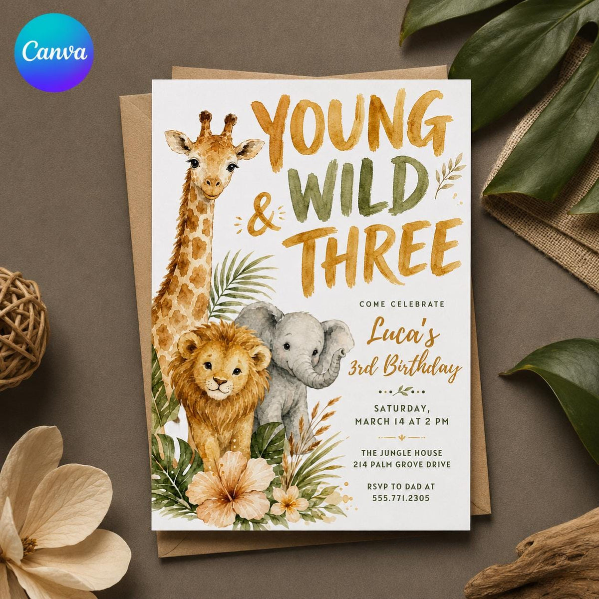 Young Wild and Three Safari 3rd Birthday Invitation — editable Canva template