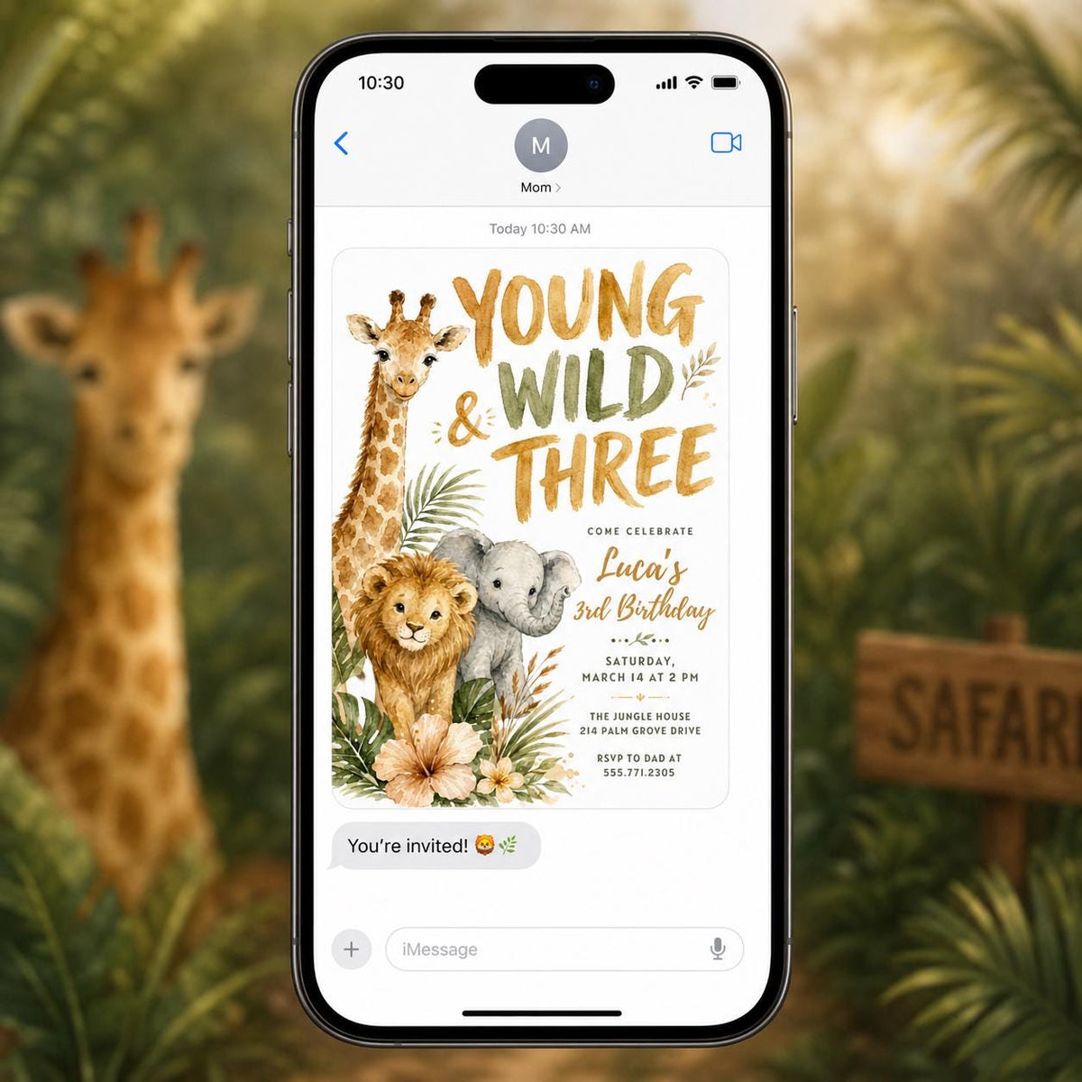 Young Wild and Three Safari 3rd Birthday Invitation — invitation you personalize in Canva