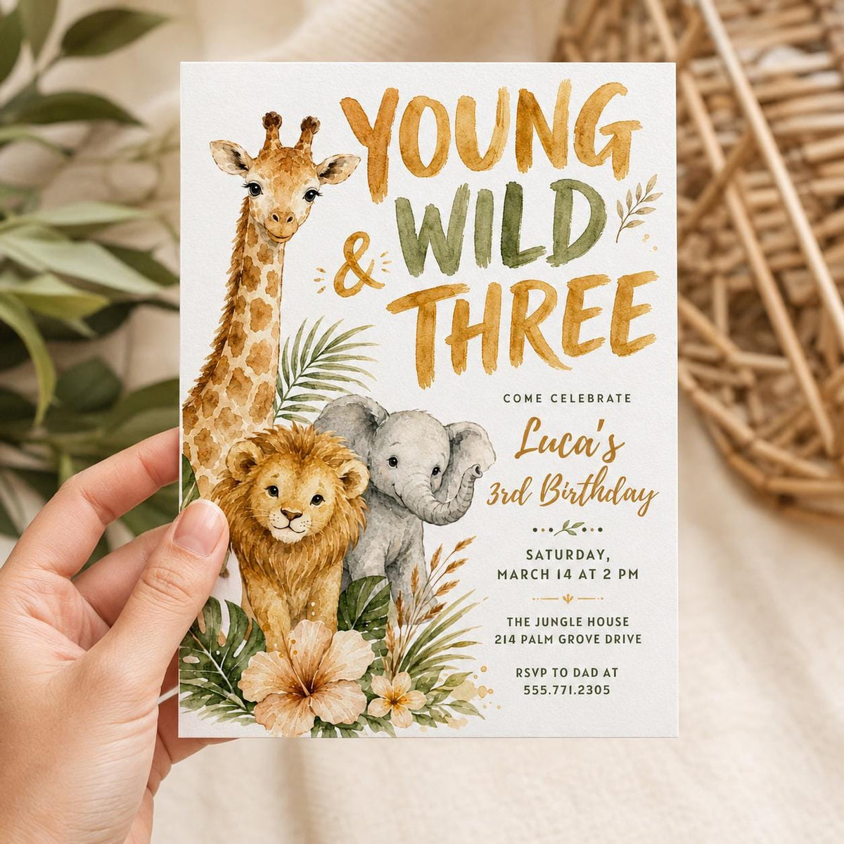 Young Wild and Three Safari 3rd Birthday Invitation — print-ready 3rd birthday party design from VoltBy