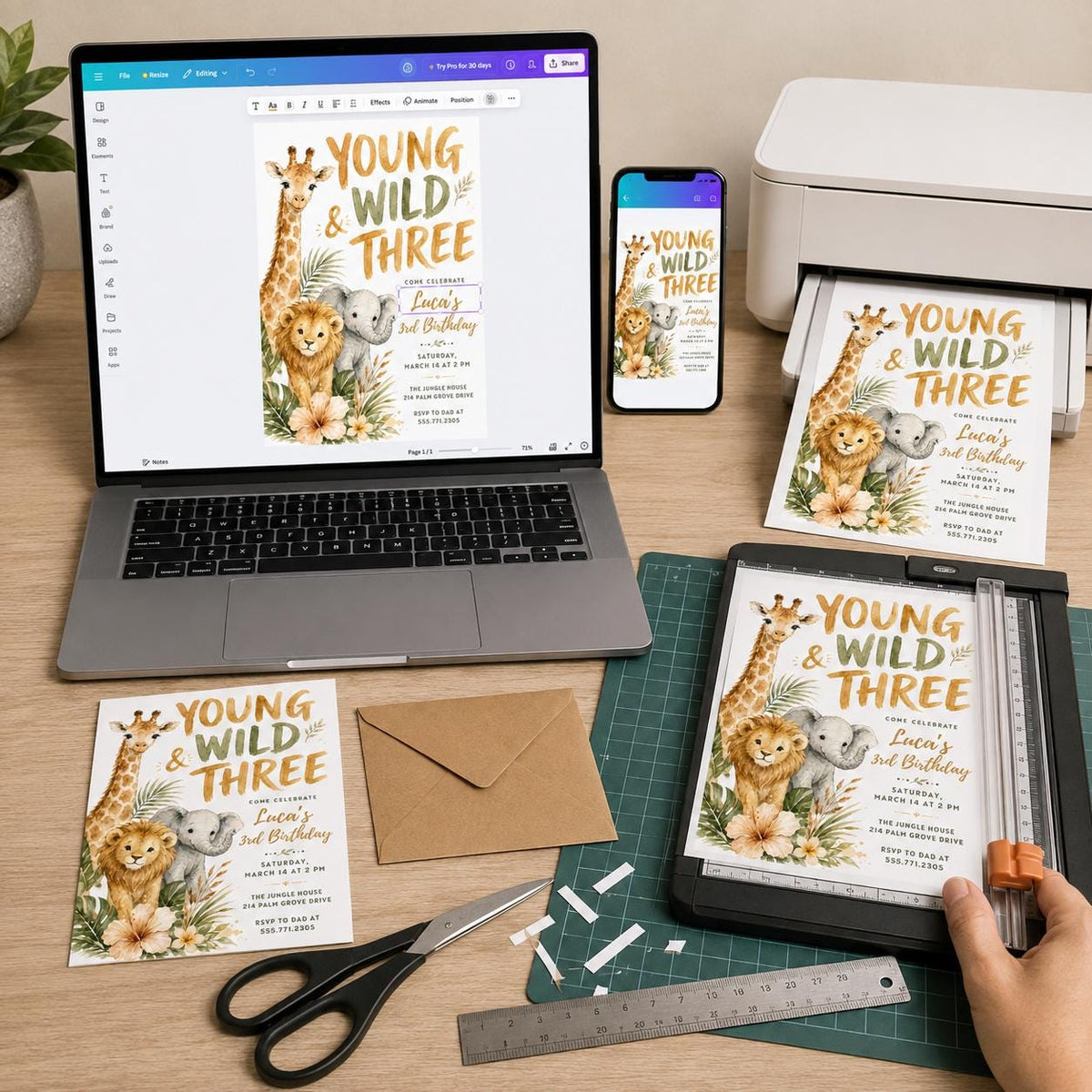 Young Wild and Three Safari 3rd Birthday Invitation — digital invitation, instant download