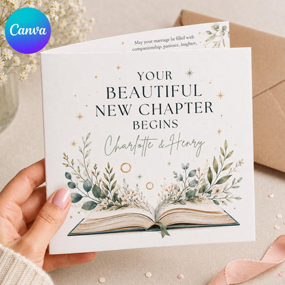 Your Beautiful New Chapter Begins Wedding Greeting Card — editable Canva template
