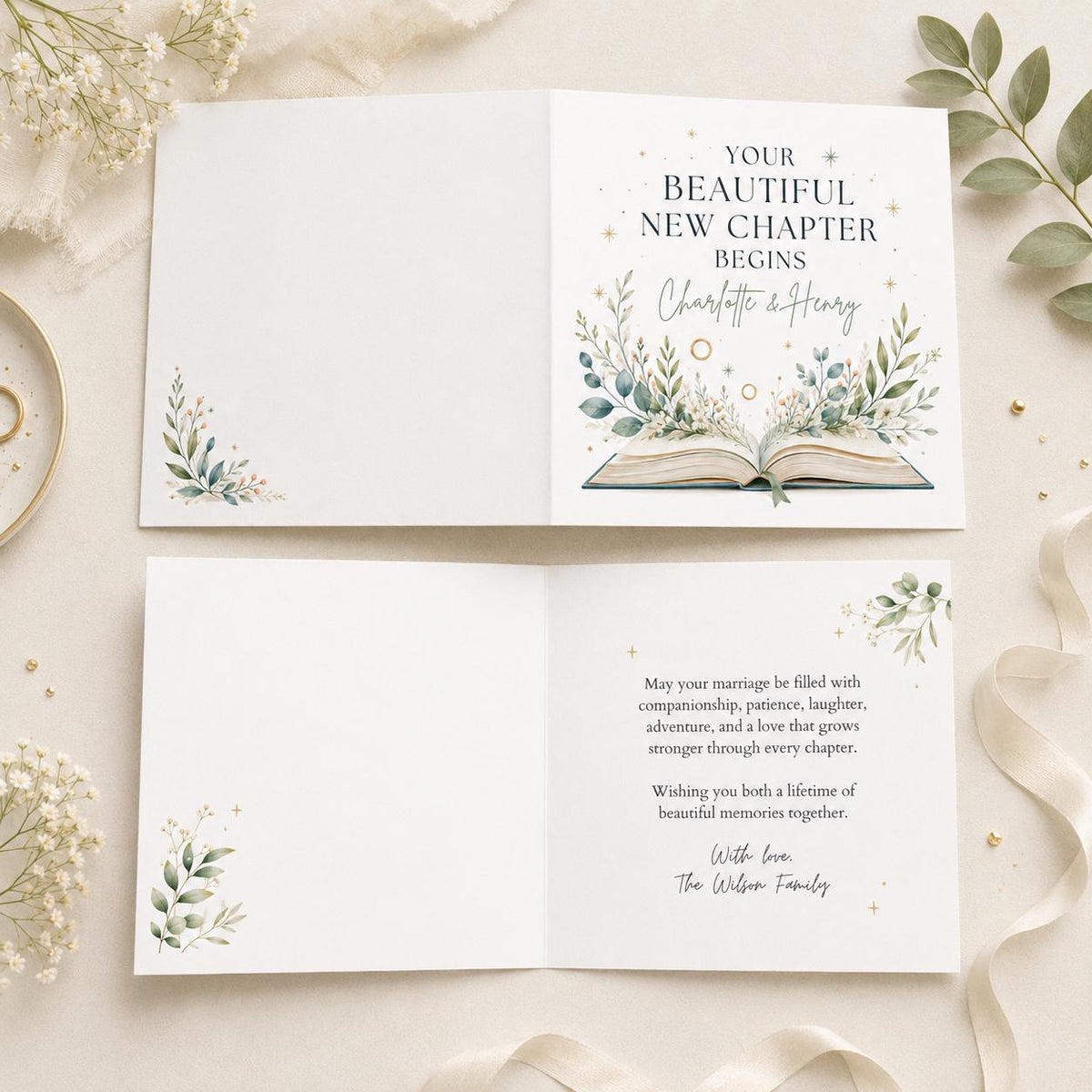 Your Beautiful New Chapter Begins Wedding Greeting Card in cream and gold