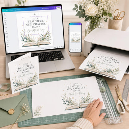 Your Beautiful New Chapter Begins Wedding Greeting Card — greeting card you personalize in Canva