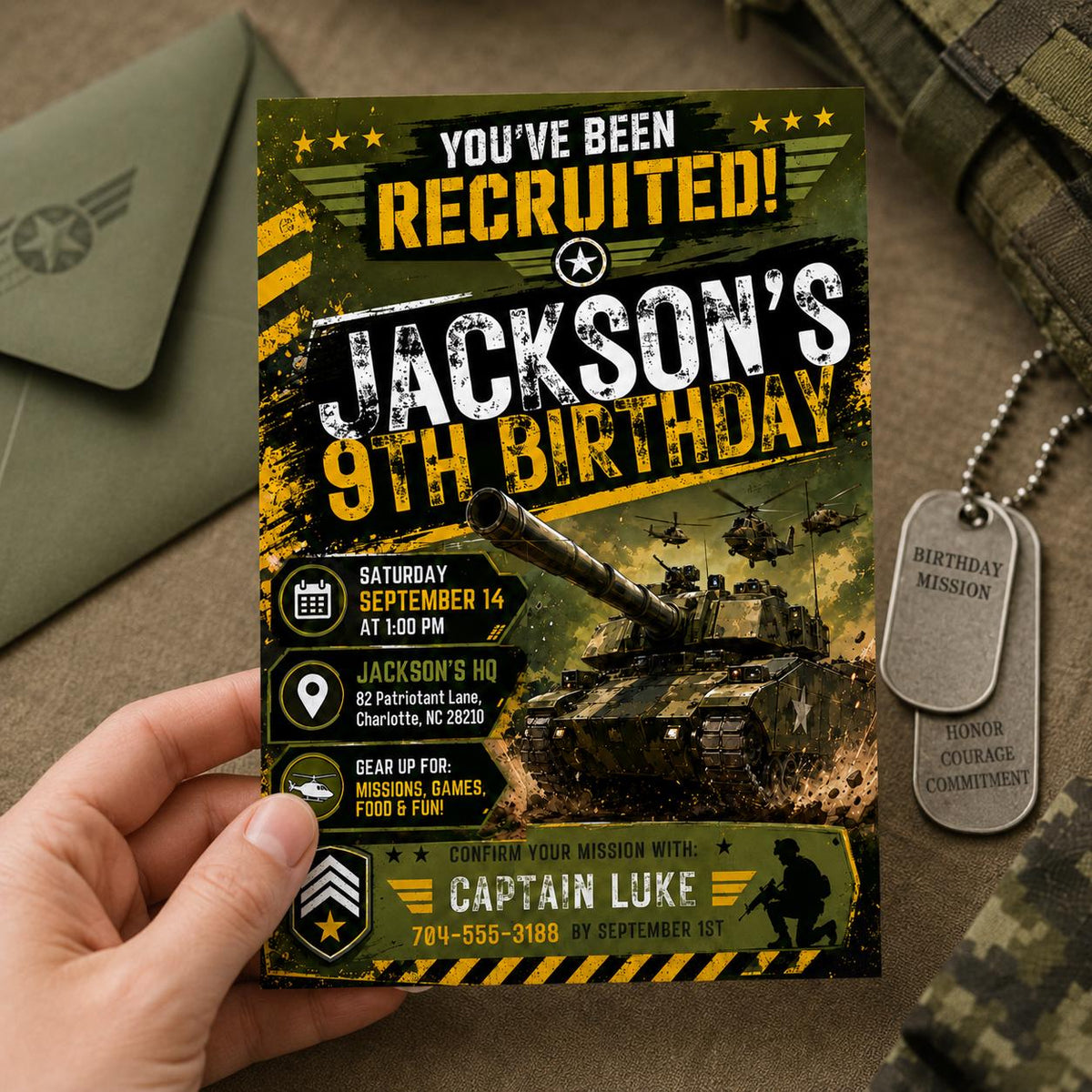 You've Been Recruited Army 9th Birthday Invitation in black and green