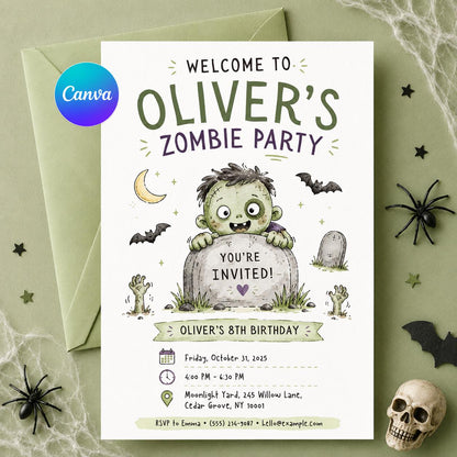 Zombie Birthday Invitation — editable Canva template