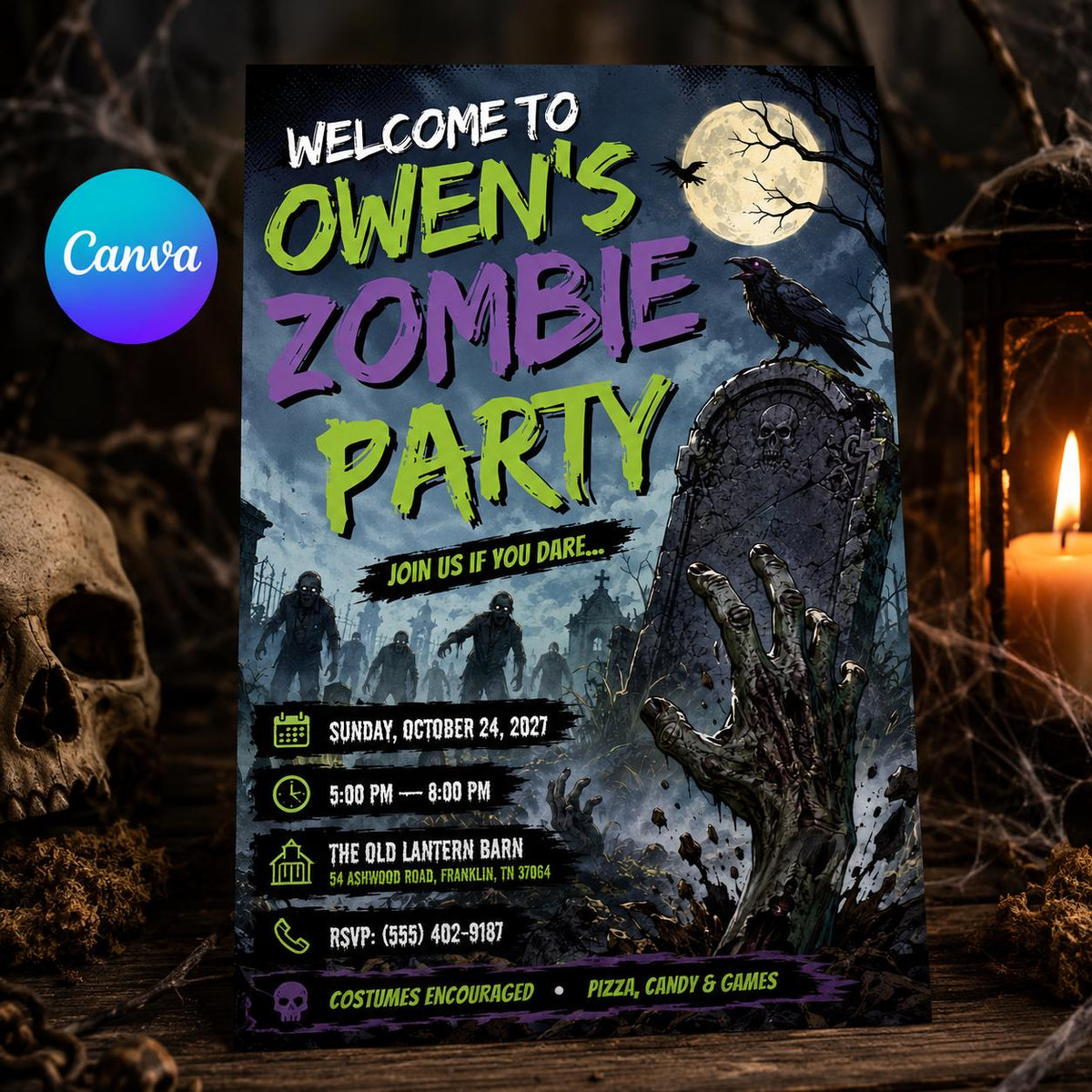 Zombie Halloween Party Invitation — editable Canva template