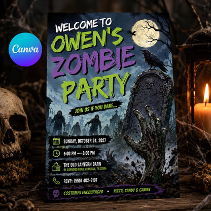 Zombie Halloween Party Invitation — editable Canva template