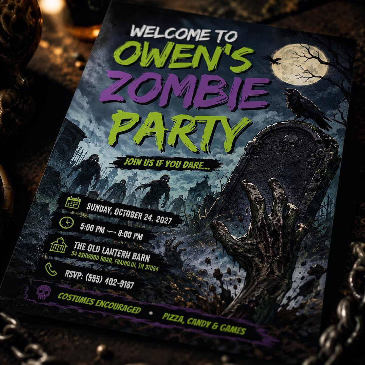 Zombie Halloween Party Invitation — invitation you personalize in Canva